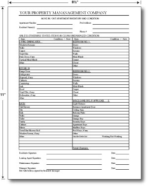 Apartment Move-In Move-Out Carbonless (No Carbon Required) Checklist 8.5 x 11 (sku: 100034)